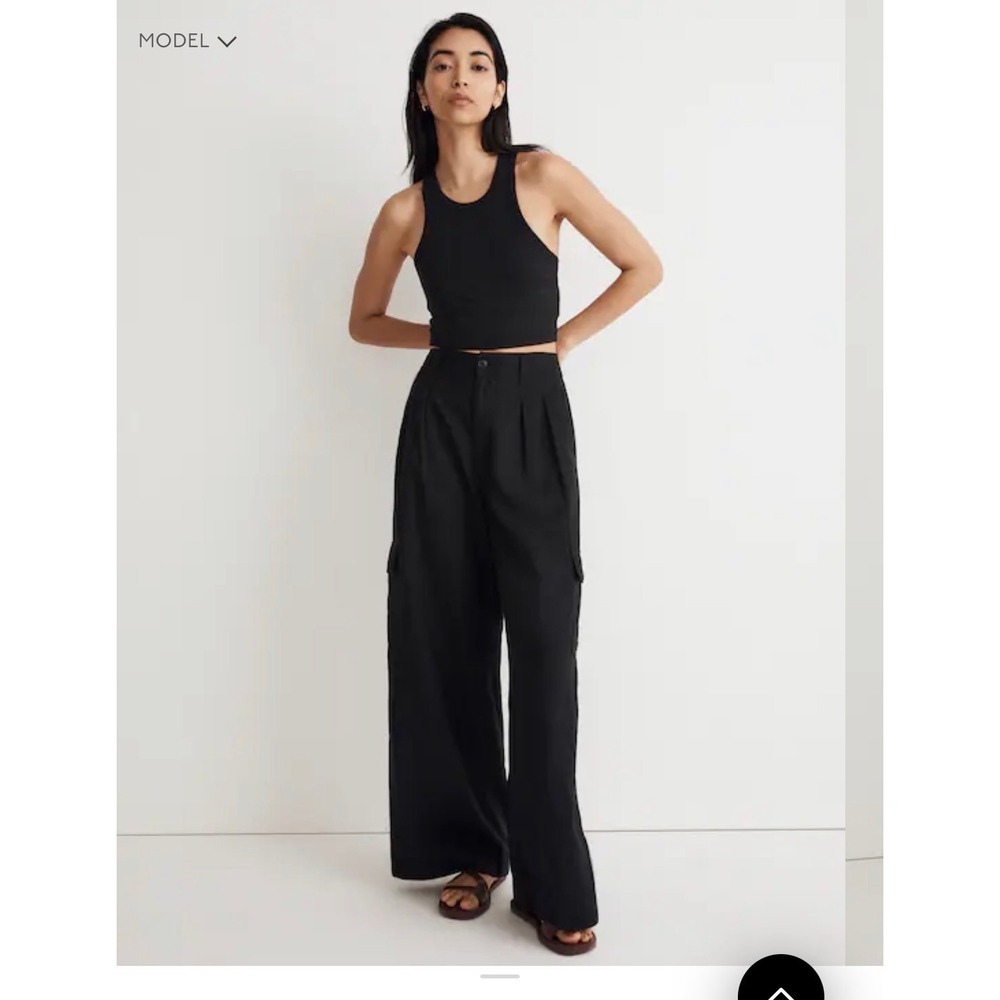 Madewell Black Linen Blend Wide Leg Cargo Pants Pleated High Rise Trousers 2